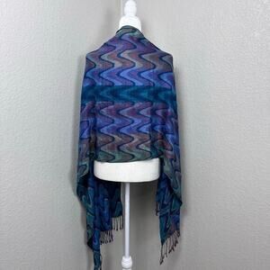 Joy Susan Sheer Scarf‎ Colorful Blue Purple Artsy Fringe Boho Wrap Pashmina